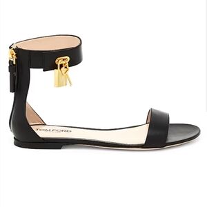 Tom Ford Black Leather Ankle-Strap Sandals with Gold Padlock Accent